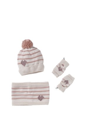 Cream and pink striped knit hat with pom-pom, matching neck warmer, and fingerless gloves, each featuring a small heart pattern.