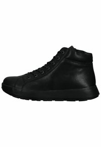 Czarne skórzane sneakersy wysokie z teksturowanym wykończeniem, sze�ścioma oczkami do sznurowania i elastyczną czarną gumową podeszwą.