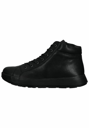 Black leather high-top sneakers with a textured finish, six eyelet lace-up design, and a flexible black rubber sole.