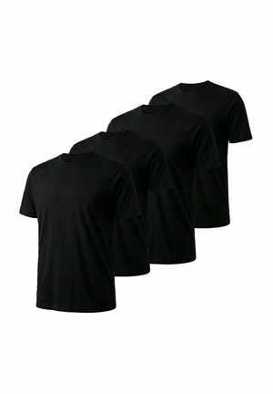 Vier schlichte schwarze T-Shirts mit kurzen Ärmeln und Rundhalsausschnitt, in versetzter Reihe auf weißem Hintergrund angeordnet.