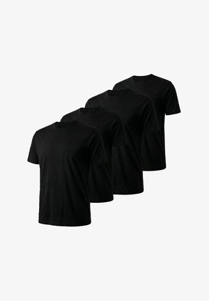 Vier schlichte schwarze T-Shirts mit kurzen Ärmeln und Rundhalsausschnitt, in versetzter Reihe auf weißem Hintergrund angeordnet.
