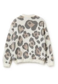 Puszysty kremowy sweter z wzorem w panterkę w odcieniach szaro-beżowych, z prążkowanym wykończeniem u dołu i przy mankietach, okrągłym dekoltem oraz teksturowanym materiałem.