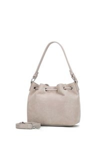 Sac seau beige en matériau texturé, doté de quincaillerie argentée, d'un cordon de serrage et d'une bandoulière amovible.