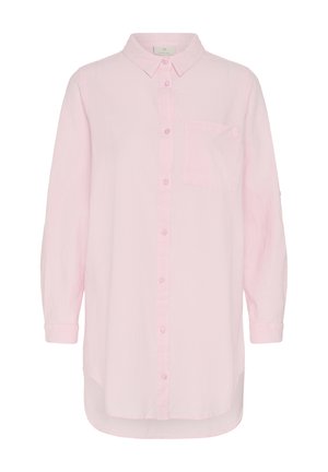 Camicia rosa chiaro a maniche lunghe con bottoni, colletto e taschino sul petto, caratterizzata da un orlo leggermente curvo e una vestibilità comoda.