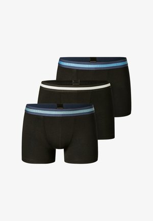 Black cotton boxer shorts set of three, featuring blue and white elastic waistbands with logo accents, smooth texture, and fitted design.
