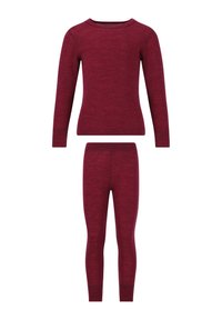 Bordeaux langærmet top og matchende leggings lavet af blødt, struktureret stof. Toppen har en rund halsudskæring; leggings har en elastisk talje.