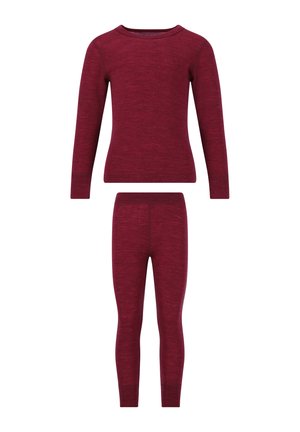 Bordeaux lange mouwen top en bijpassende legging van zacht, textuurstof. De top heeft een ronde halslijn; de legging heeft een elastische tailleband.