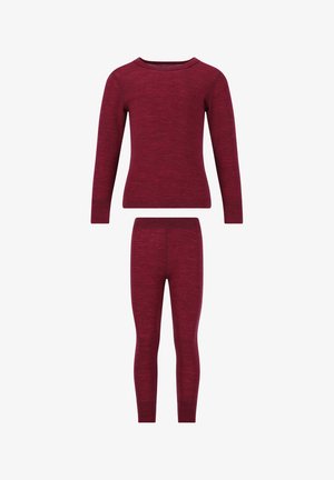 Haut bordeaux à manches longues et leggings assortis en tissu doux et texturé. Le haut présente un col rond ; les leggings ont une taille élastique.