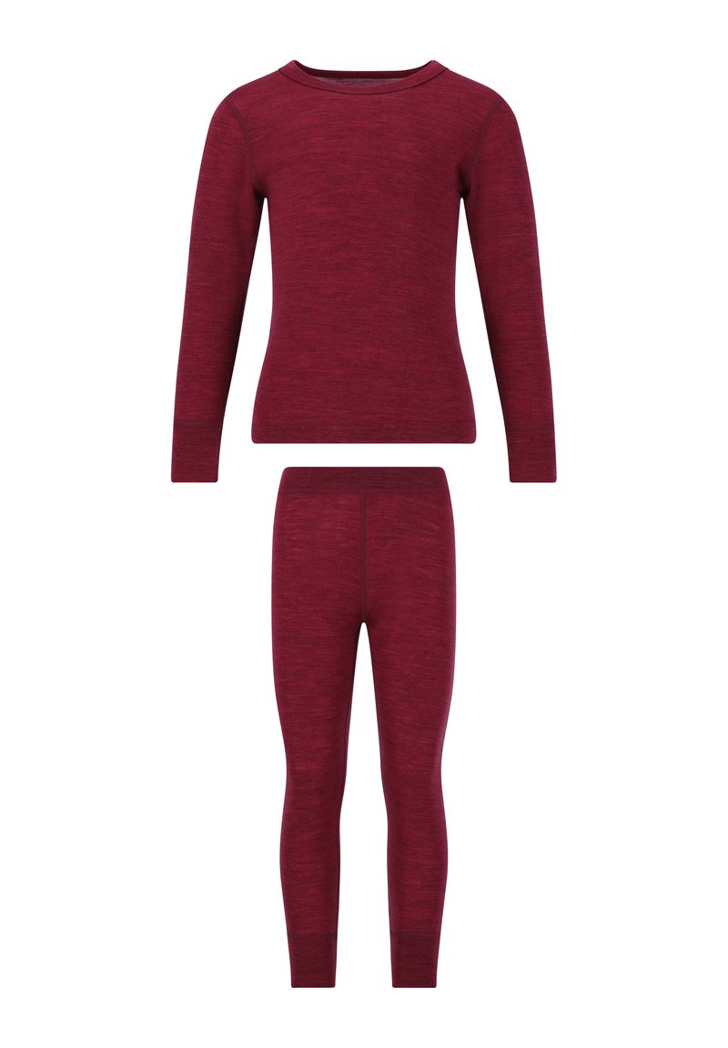 Bordeaux langærmet top og matchende leggings lavet af blødt, struktureret stof. Toppen har en rund halsudskæring; leggings har en elastisk talje.