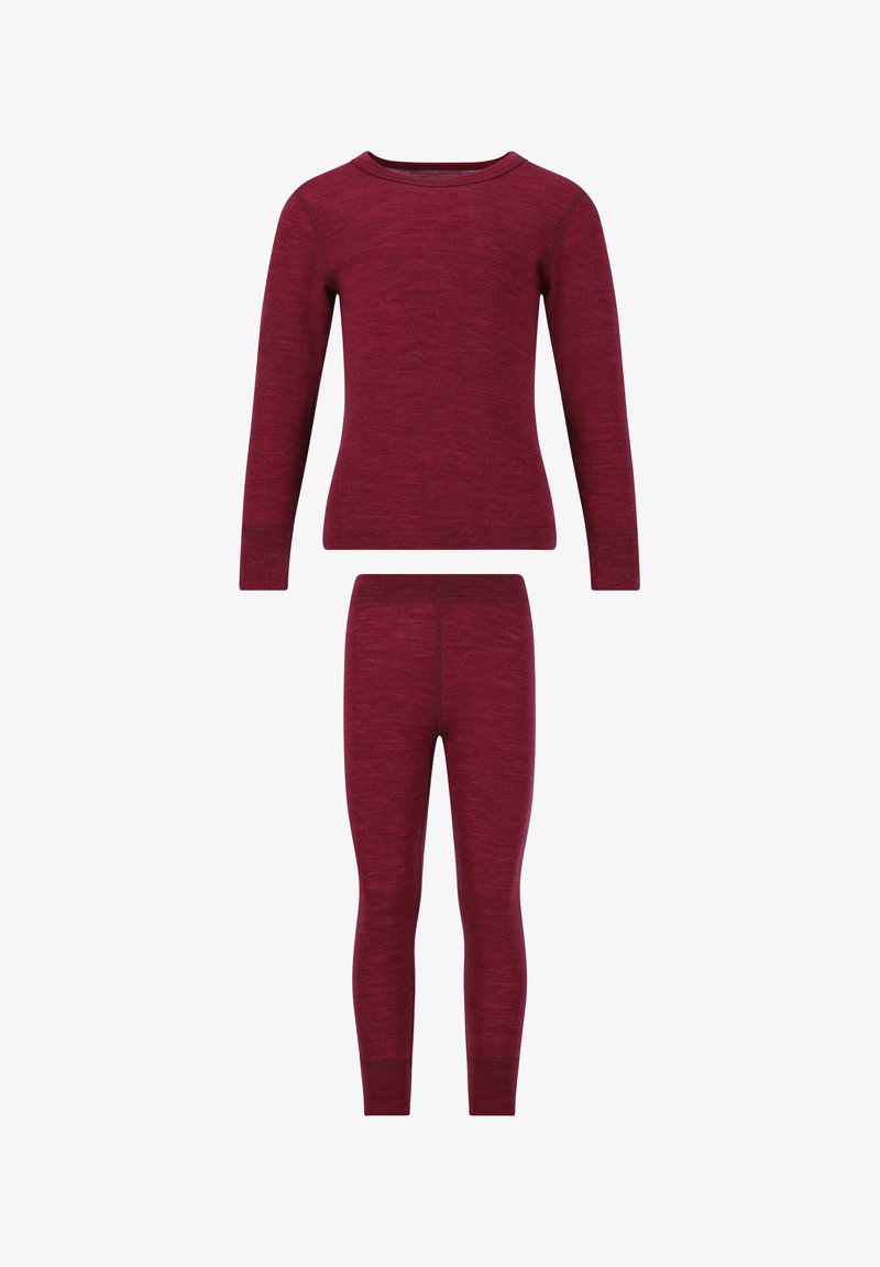 Bordeaux lange mouwen top en bijpassende legging van zacht, textuurstof. De top heeft een ronde halslijn; de legging heeft een elastische tailleband.