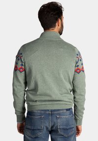 Groene trui met een hoge kraag, voorzien van blauwe en rode geometrische patronen op de mouwen. Gebreide textuur en geribbelde manchetten en hem.