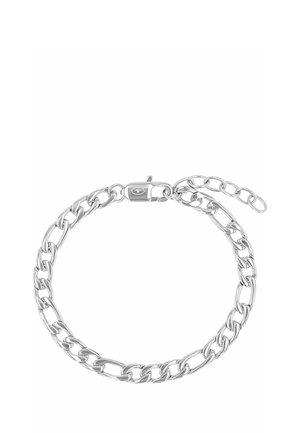Pulsera de cadena gruesa en tono plateado con cierre de langosta y extensor de cadena ajustable, colocada plana sobre un fondo blanco.