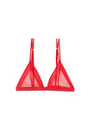 Bralette a triangolo rosso con rifiniture in pizzo, realizzato in mesh trasparente, con spalline regolabili e un fiocco al centro davanti.