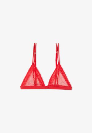 Bralette a triangolo rosso con rifiniture in pizzo, realizzato in mesh trasparente, con spalline regolabili e un fiocco al centro davanti.