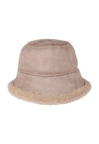 Pălărie tip bucket din suede moale, bej, cu o margine căptușită cu blană pufoasă, de un bej deschis, și un vârf rotunjit și neted.
