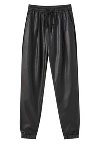 Pantalons jogger en simili cuir noir avec une taille élastique, cordon de serrage, poches latérales et poignets élastiques aux chevilles. Texture lisse.