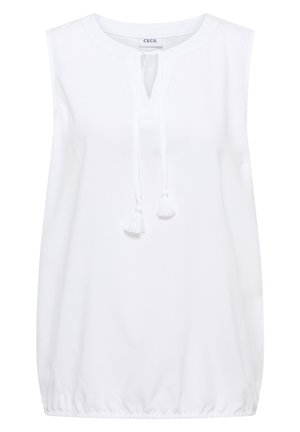 Blusa blanca sin mangas con escote redondo, abertura frontal con lazo de borlas y bajo elástico de CECIL.