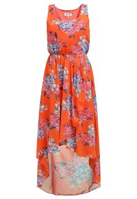 Robe orange sans manches avec motifs floraux roses, bleus et blancs, ourlet asymétrique et taille froncée par Dry Lake.