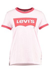 Levi's rosa t-shirt med röd halsringning och ärmar, med en stor röd logotyp i mitten. Tillverkad av mjukt bomullsmaterial.