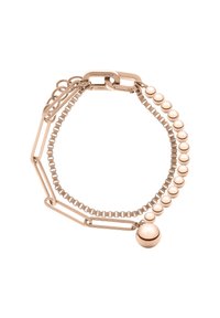 Rose gold bracelet featuring a mix of smooth circular beads and elongated links, with a central spherical accent and a clasp.