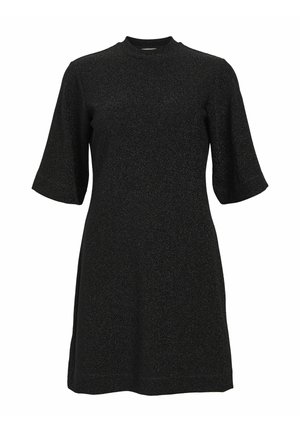 Robe courte à manches courtes avec paillettes noires, col montant et silhouette en A, longueur mi-cuisse.