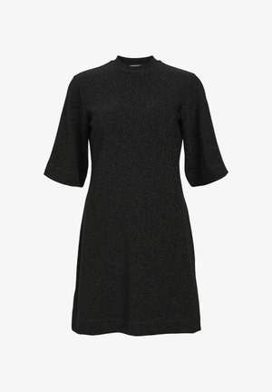 Robe courte à manches courtes avec paillettes noires, col montant et silhouette en A, longueur mi-cuisse.