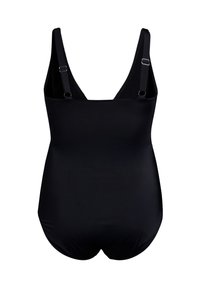 Maillot de bain une pièce noir avec des bretelles réglables, une texture lisse et un design simple et épuré qui couvre complètement le dos.