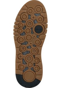 Suela de zapato de goma marrón con un patrón circular de diámetros variables, acentos texturizados y un logo circular negro etiquetado "GEOX."