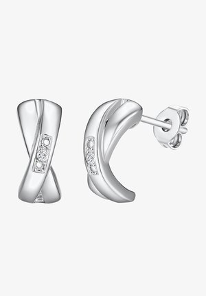 Sudraba auskari ar vītņu dizainu, kuros ir trīs mazi skaidri dārgakmeņi iestatīti teksturētā joslā. Gluda apdare un pulēta virsma.