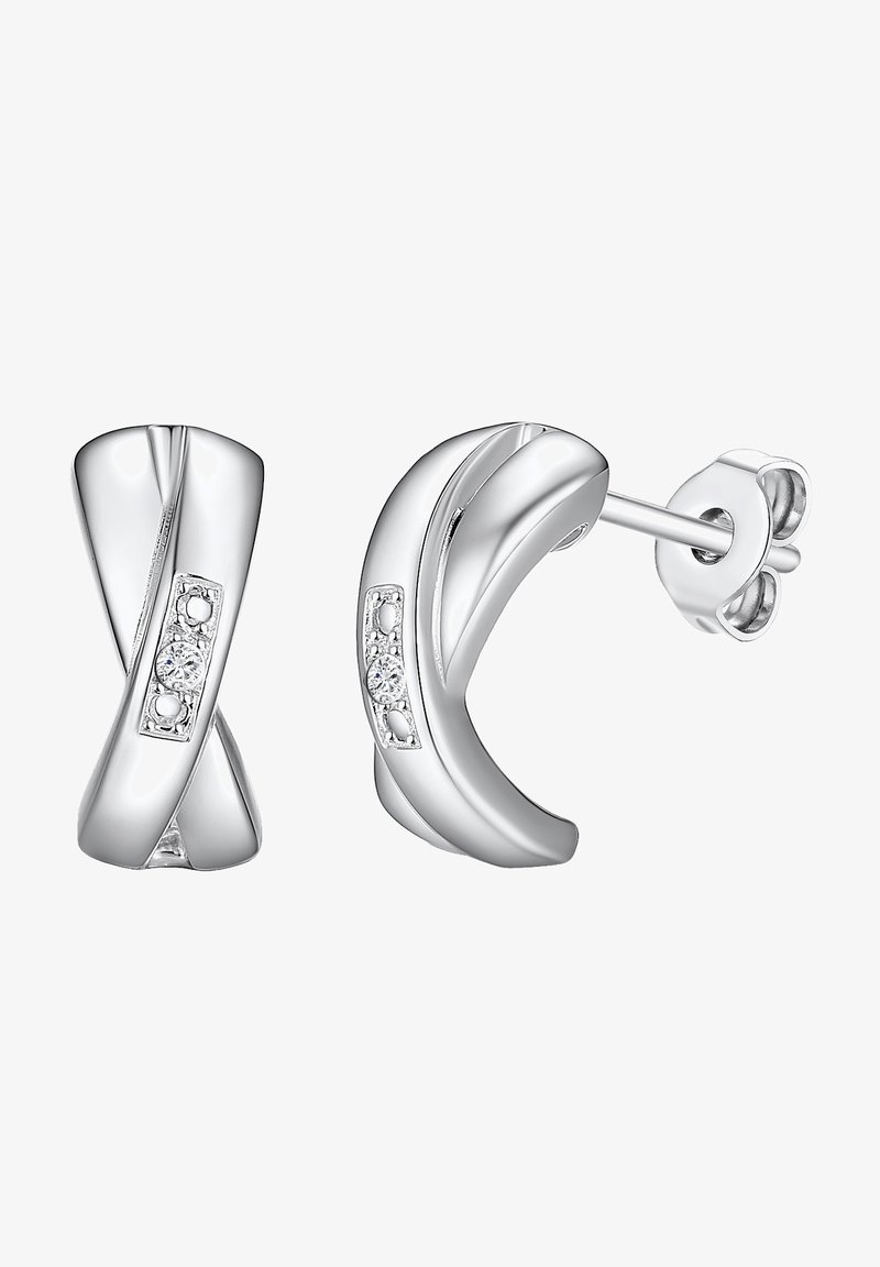 Sidabrinės auskarai su suktiniu dizainu, turintys tris mažas skaidrias brangakmenes, įstatytas į tekstūruotą juostą. Lygus paviršius ir poliruota apdaila.