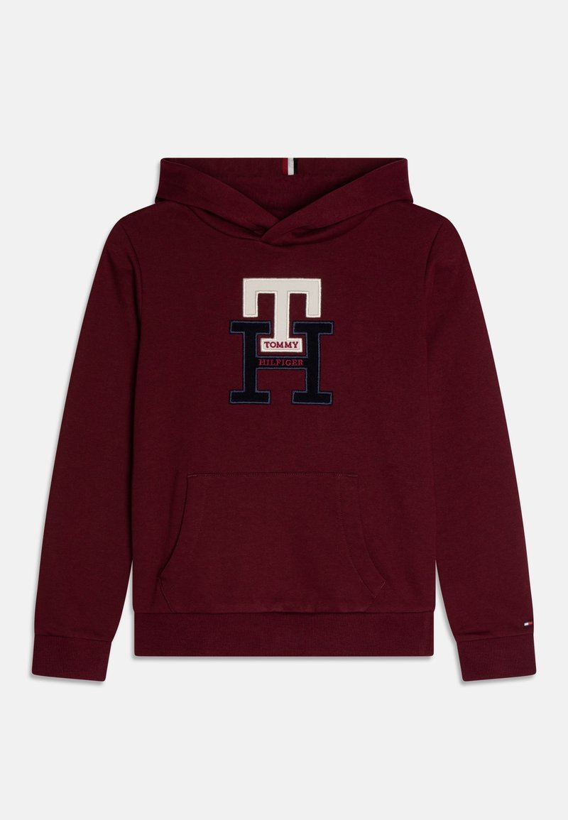 Hoodie bordeaux en tissu doux, avec un logo multicolore brodé bien en vue sur la poitrine et un design de poche kangourou.