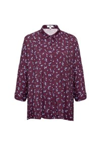 Burgundy shirt with light blue floral pattern, button-down front, spread collar, and three-quarter sleeves made from lightweight fabric.