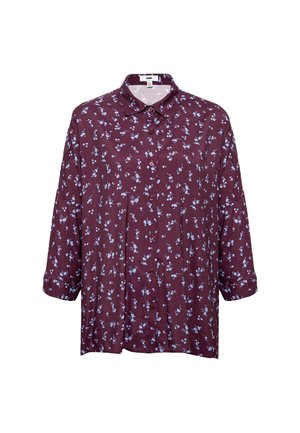 Burgundy shirt with light blue floral pattern, button-down front, spread collar, and three-quarter sleeves made from lightweight fabric.