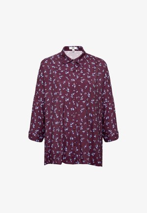 Burgundy shirt with light blue floral pattern, button-down front, spread collar, and three-quarter sleeves made from lightweight fabric.