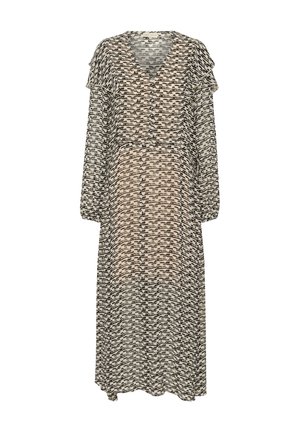 Garšs, caurspīdīgs kleitas modelis ar V formas kakla izgriezumu un slāņainām volāniem uz piedurknēm. Audumam ir atkārtojošs melns un bēšs abstrakts raksts.