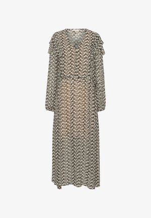 Garšs, caurspīdīgs kleitas modelis ar V formas kakla izgriezumu un slāņainām volāniem uz piedurknēm. Audumam ir atkārtojošs melns un bēšs abstrakts raksts.