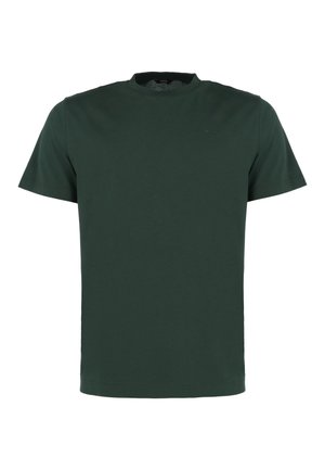 Camiseta de manga corta de color verde oscuro con cuello redondo y tejido liso y ligero. Incluye un logo sutil en el pecho.