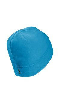 Lichtblauwe fleece muts, afgeronde bovenkant, gestikte naden en een klein merklabel aan de zijkant. Zachte textuur, nauwsluitend ontwerp.