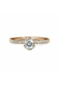 Anello in oro rosa con un diamante rotondo centrale sorretto da sei griffe, con diamanti più piccoli incastonati lungo la fascia per un tocco di accentuazione.
