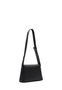 Black leather handbag with a structured rectangular shape, adjustable strap, and subtle textured finish. Features minimal hardware accents.