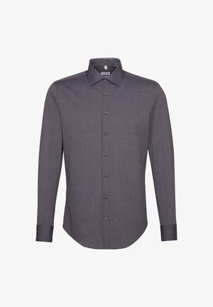 Heren overhemd met lange mouwen in donkergrijze stof, voorzien van een klassieke kraag, frontknopen en knopenmanchetten met een subtiele textuur.
