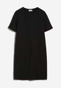 Robe noire à manches courtes, longueur genou, avec encolure ronde et poignets de manches pliés, présentée sur fond blanc.