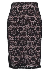 Mustat pitsihameet, joissa on kukkakuosiset yksityiskohdat, ja tiukka muotoilu sekä aallotettu helma. Kangas on läpinäkyvää ja siinä on teksturoitu pinta.