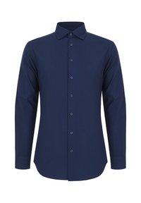 Granatowa koszula z długim rękawem wykonana z gładkiego materiału, z zapięciem na guziki z przodu, pointed kołnierzykiem oraz zaokrąglonym dołem z drobnymi detalami przeszycia.