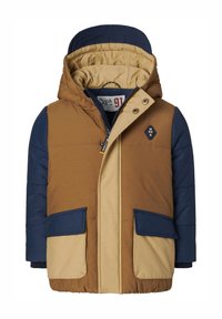 Gepolsterte Jacke mit Kapuze, ausgestattet mit einem braun-blauen Farbblockdesign, zwei Fronttaschen und einem Reißverschluss. Strukturiertes Material ist sichtbar.