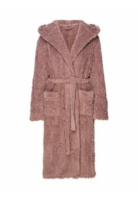 Plush, hooded robe in mauve, featuring a textured pattern and two front pockets. Includes a matching tie belt at the waist.