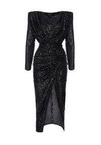 Czarna sukienka cekinowa z długimi rękawami, dopasowanym krojem, drapowanym dekoltem i bocznymi marszczeniami. Posiada wysoki rozcięcie z przodu.