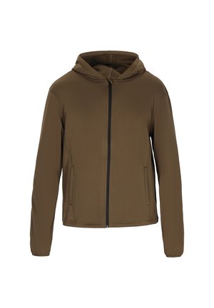 Braune Kapuzenjacke aus einem glatten, leichten Stoff. Vorderer Reißverschluss mit zwei Seitentaschen und elastischen Bündchen.