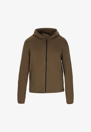 Braune Kapuzenjacke aus einem glatten, leichten Stoff. Vorderer Reißverschluss mit zwei Seitentaschen und elastischen Bündchen.