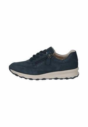 Baskets décontractées bleu foncé avec lacets à l'avant, fermeture éclair latérale, semelle beige rembourrée et semelle extérieure en caoutchouc texturé pour une bonne adhérence.